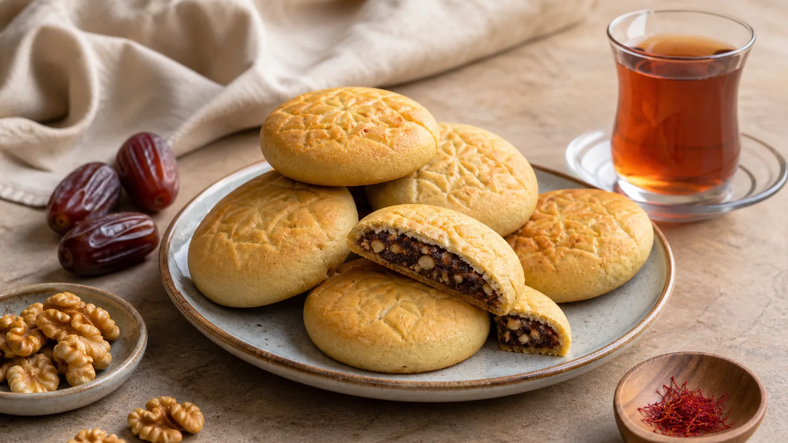 Stamped Kerman kolompeh cookies with date walnut filling and saffron dough