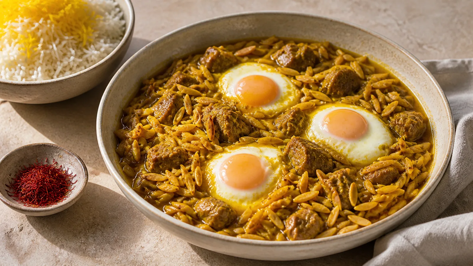 Ardabil pichagh gheymeh lamb stew with almond slivers saffron and eggs