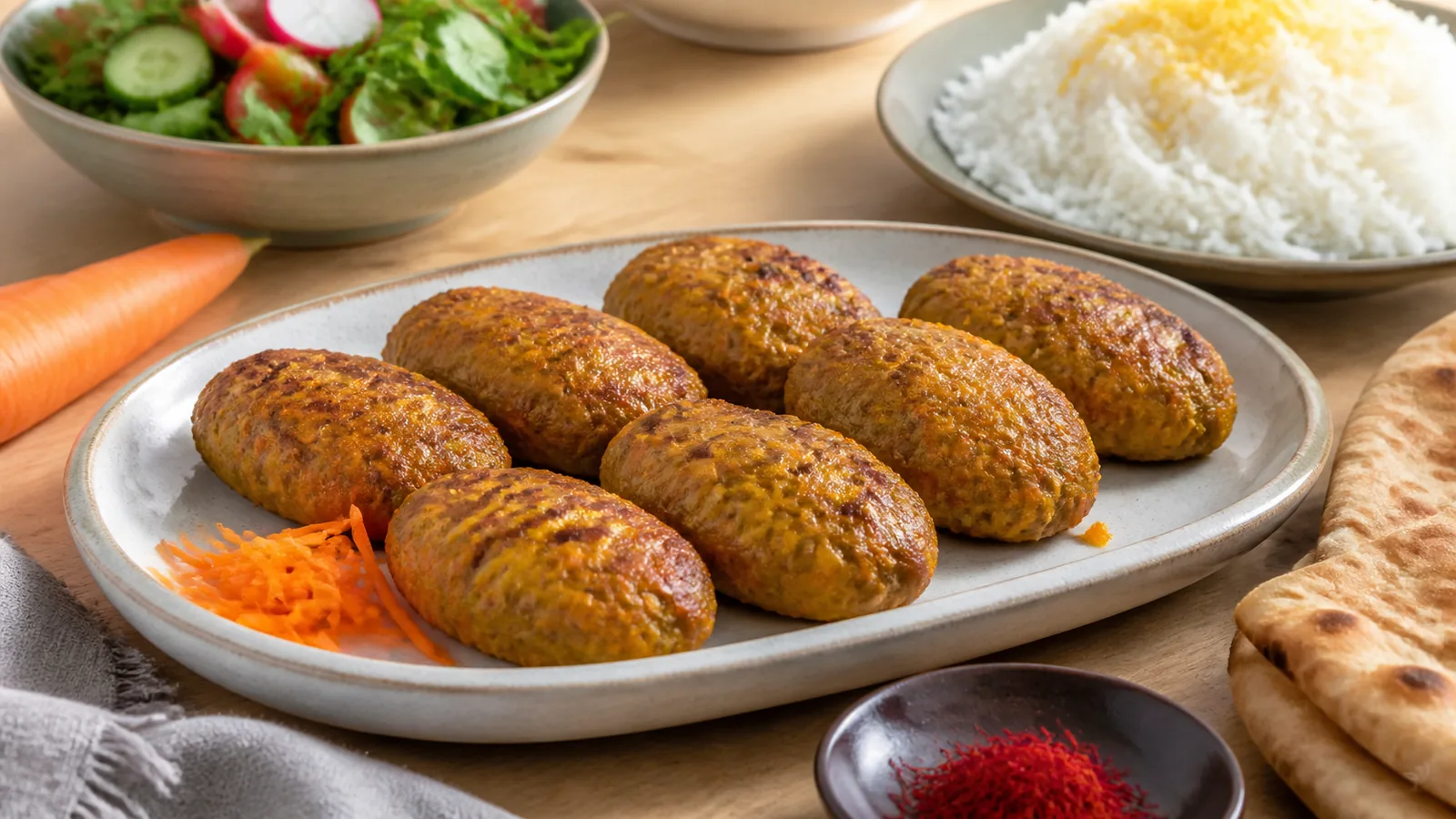 Isfahani Persian carrot kebab patties with lamb and saffron glaze