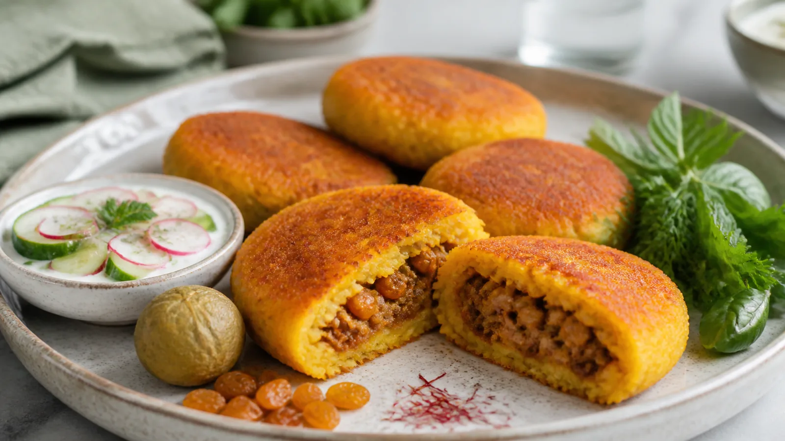 Stuffed saffron rice cutlets with potato meat raisins and dried lime
