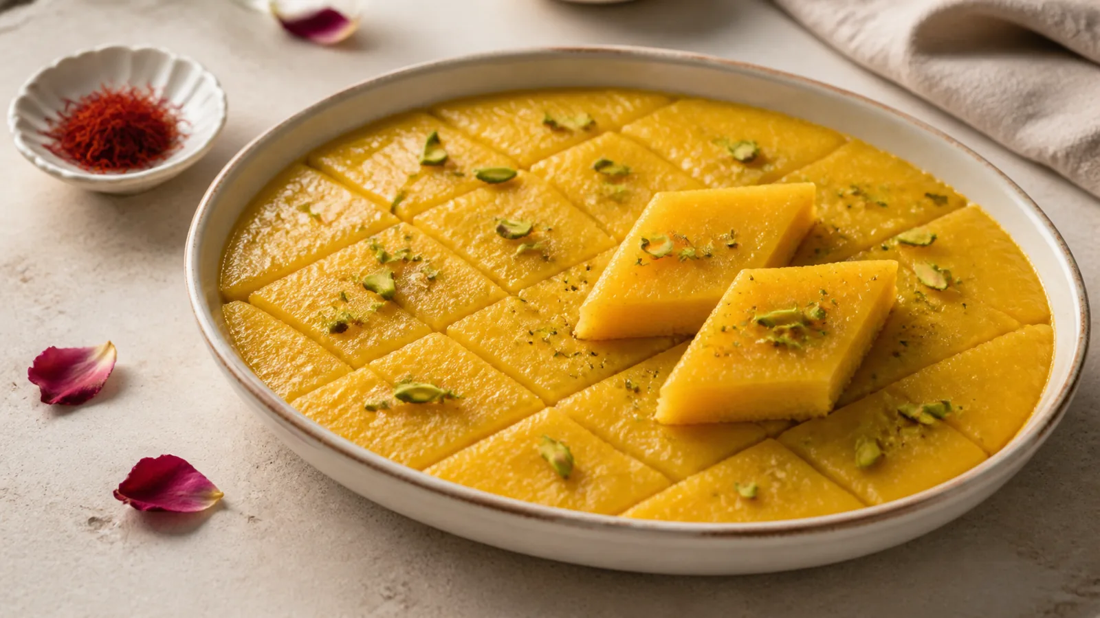 Shirazi saffron tar halva with rosewater milk and pistachios