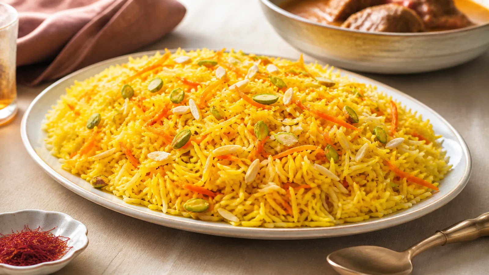 Shirazi sweet saffron rice with candied tangerine peel pistachios and almonds