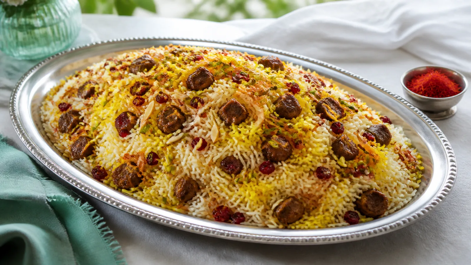 Qazvin gheymeh nesar saffron rice with lamb barberries almonds and pistachios
