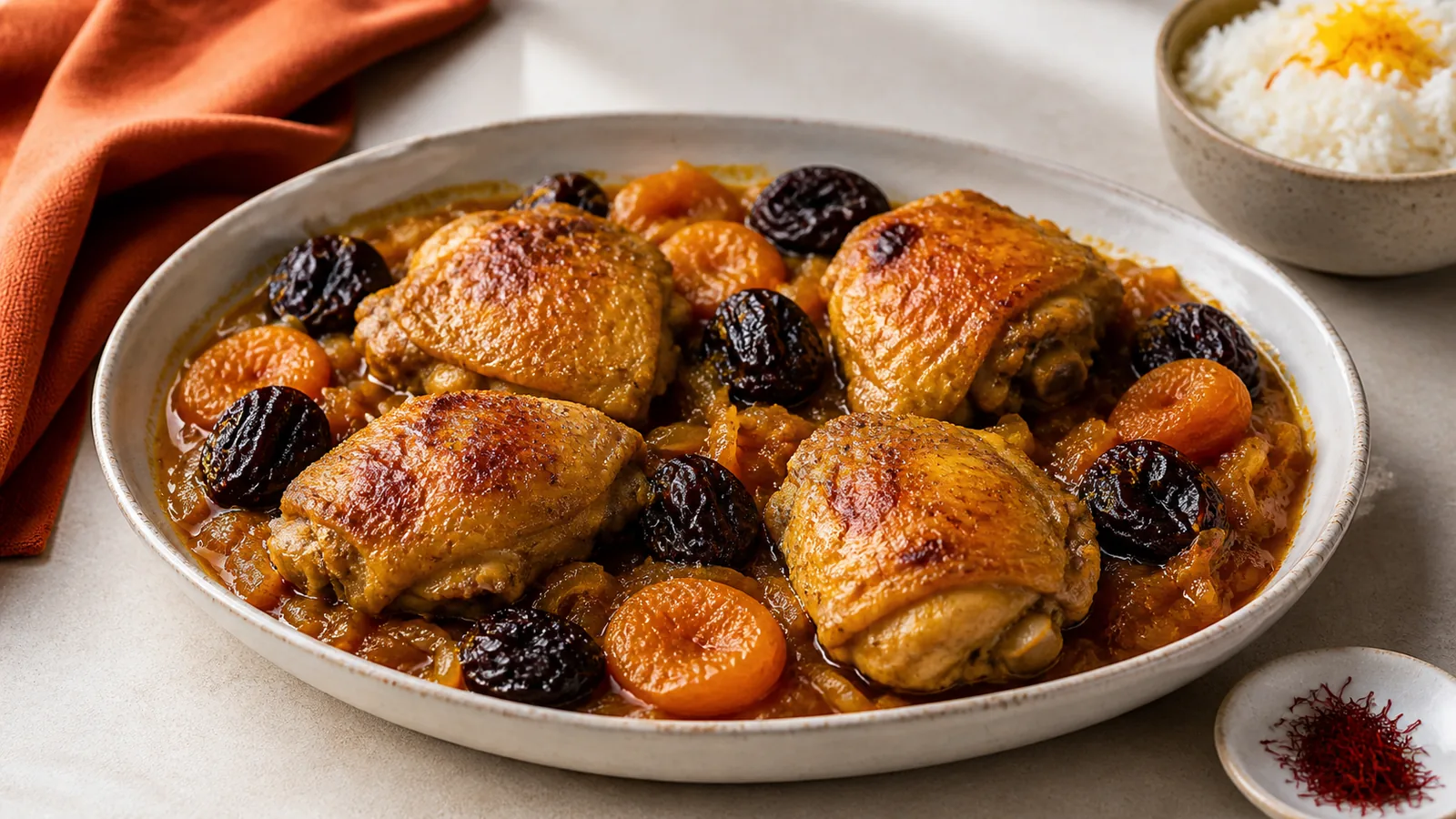Aloo mosamma chicken stew with black plums dried apricots and saffron