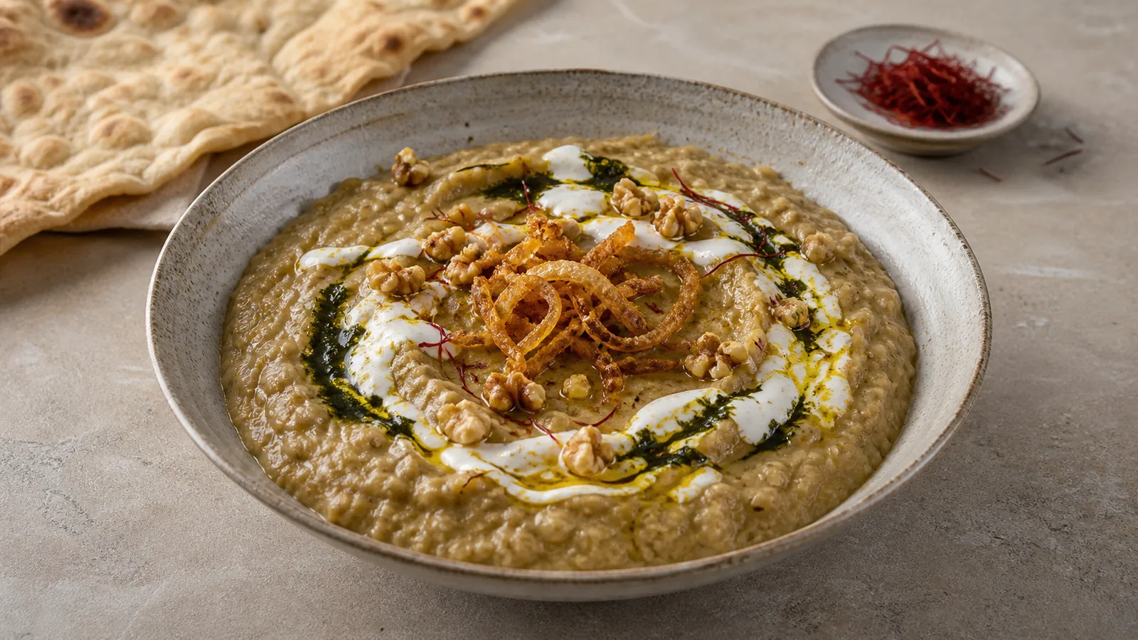 Halim bademjan with kashk saffron fried onion mint and walnuts