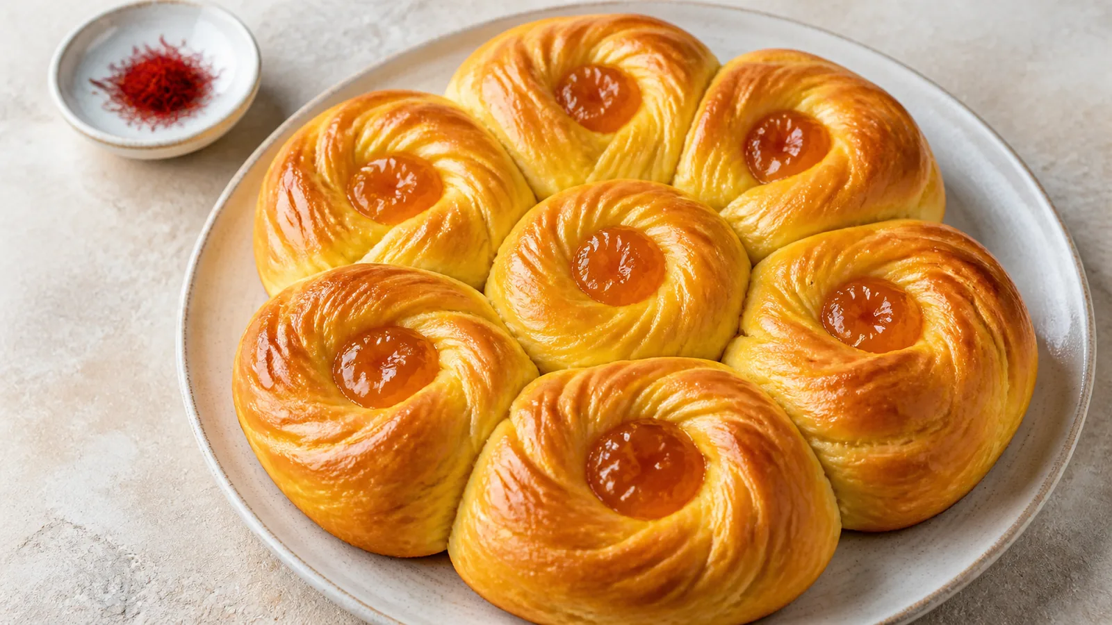 Saffron jam flower bread with seven twisted petals and apricot filling