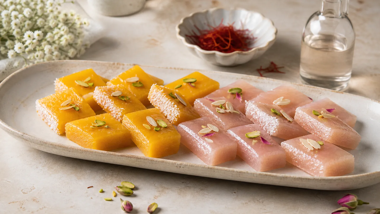 Saffron and rose masghati squares with pistachios and almonds