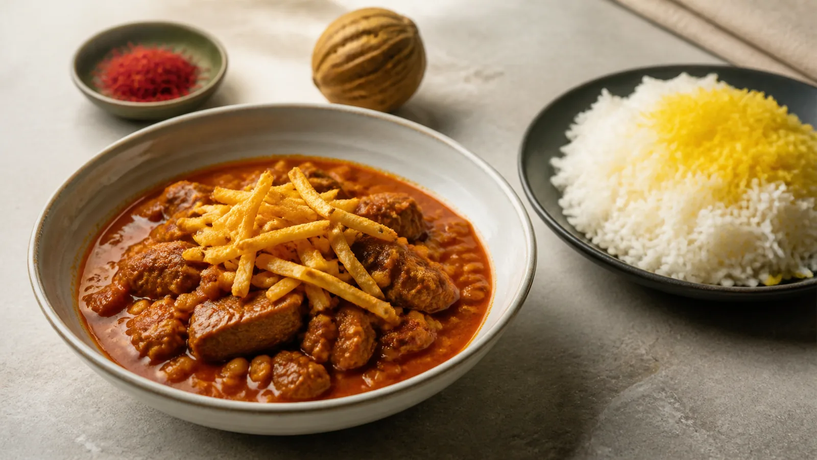 Persian gheimeh stew with lamb split peas saffron and fried potatoes