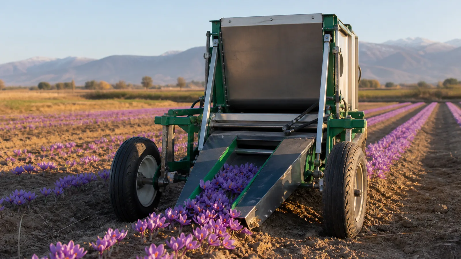 Saffron flower harvesting machine working between planted crocus rows