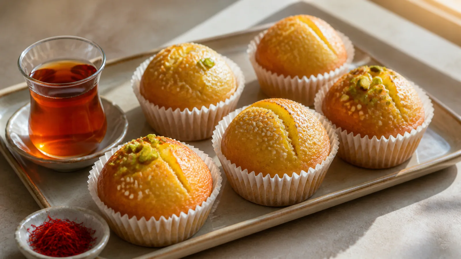 Yazdi saffron cakes with split tops sesame and pistachio garnish
