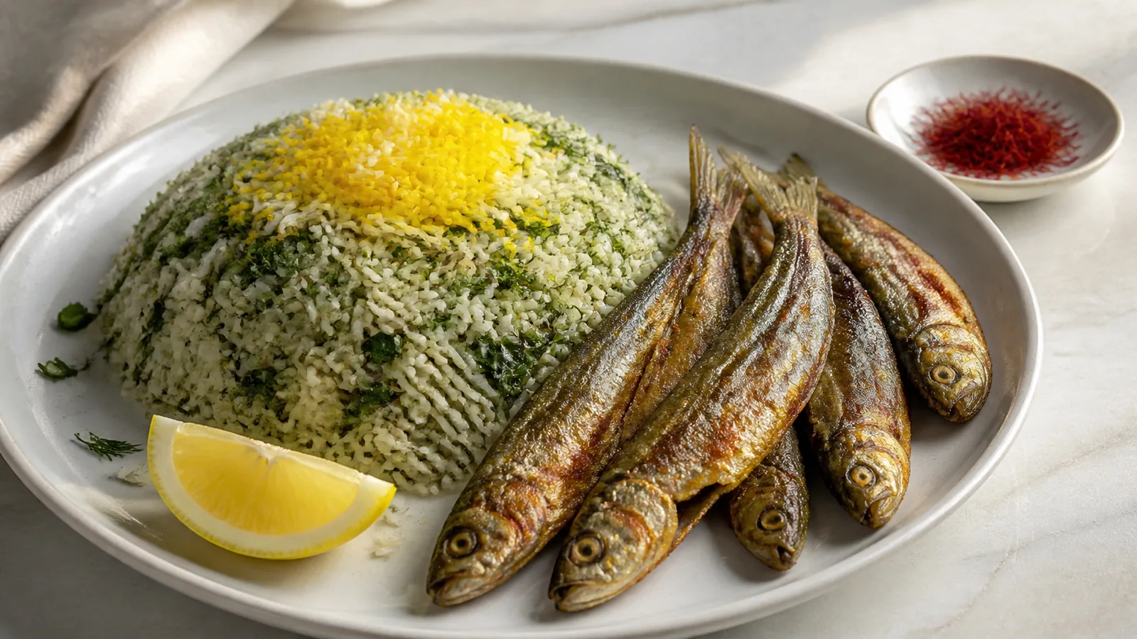 Herb and saffron fish pilaf served with crisp roasted kilka fish
