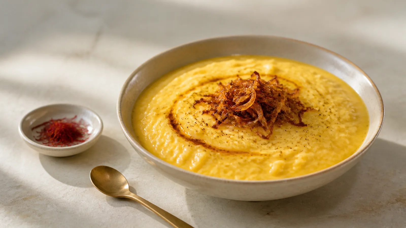 Savory saffron rice milk pudding with fried onion and cinnamon butter