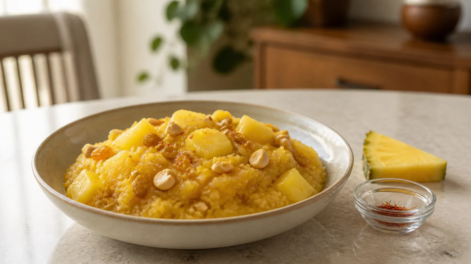 Pineapple semolina halva with saffron cashews raisins and fresh fruit