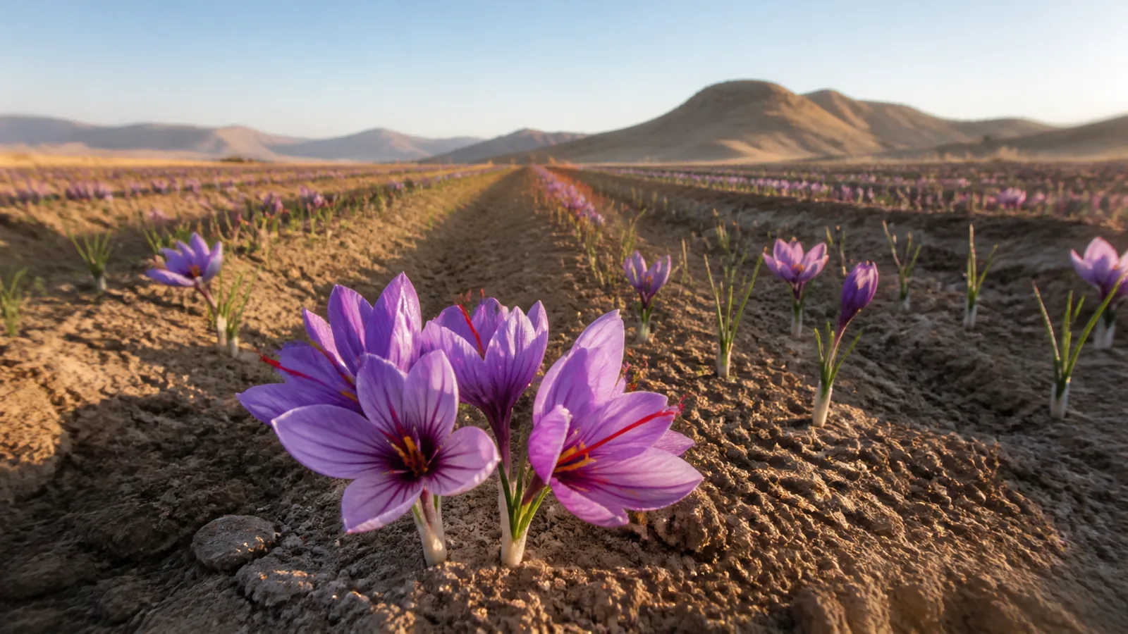 Purple saffron flowers growing in a Gonabad field at sunrise