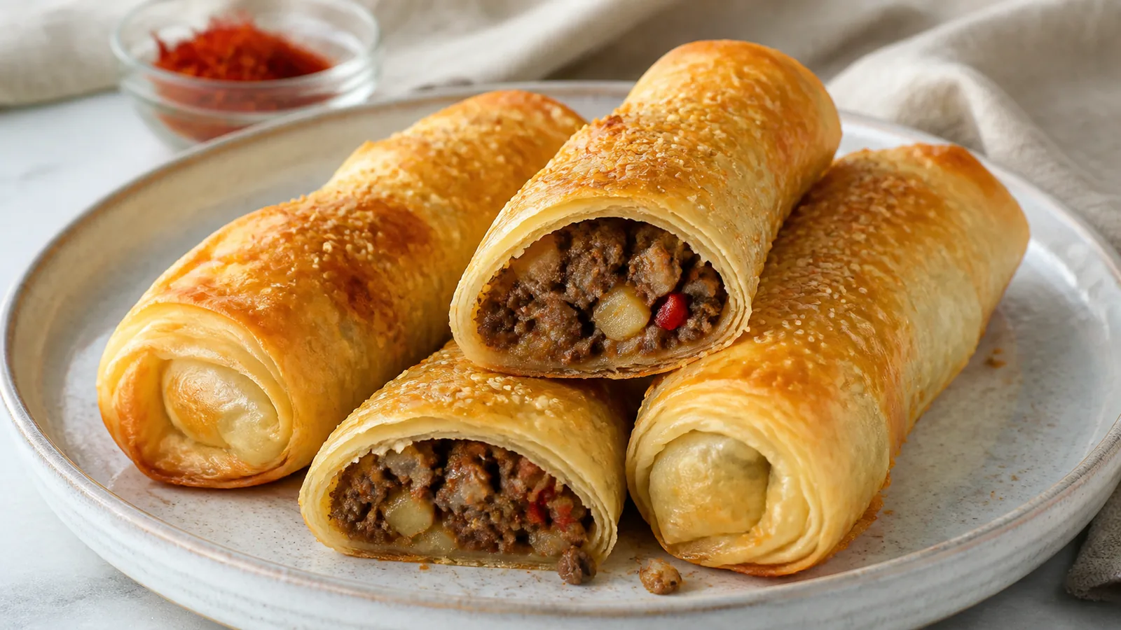 Crisp meat borek rolls with saffron glaze and savoury filling