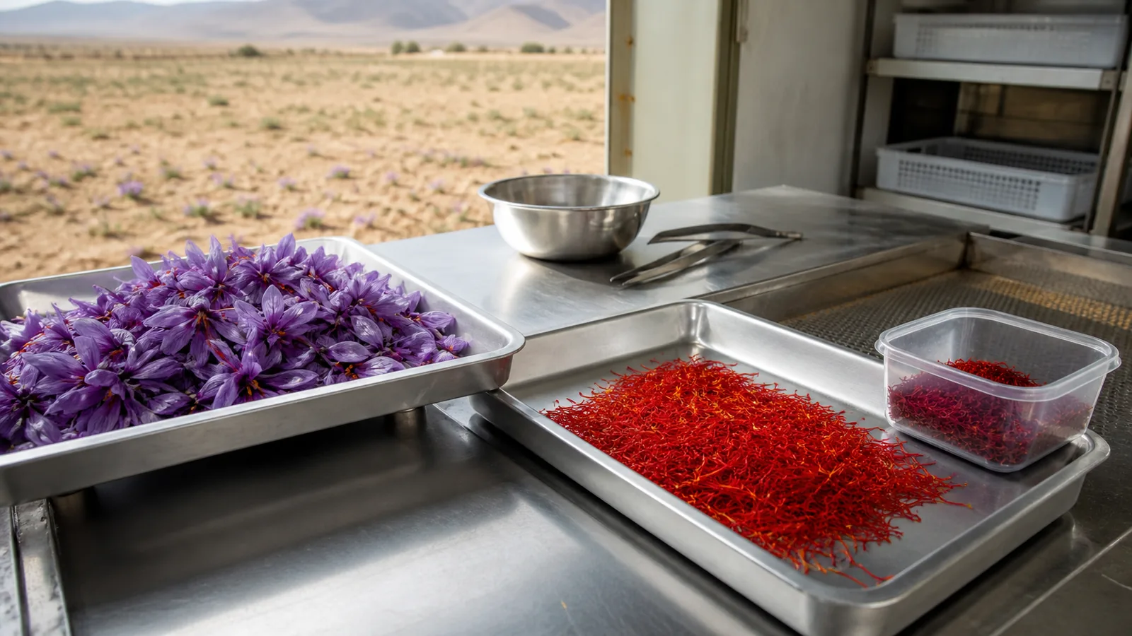 Saffron flowers and processing trays in a clean integrated production facility