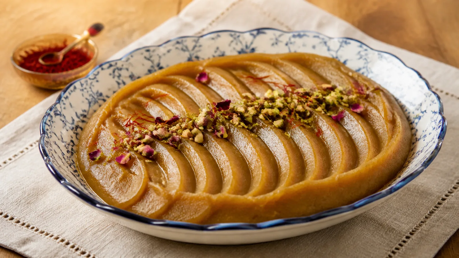 Iranian Halva Majlisi with saffron pistachios and rose petals