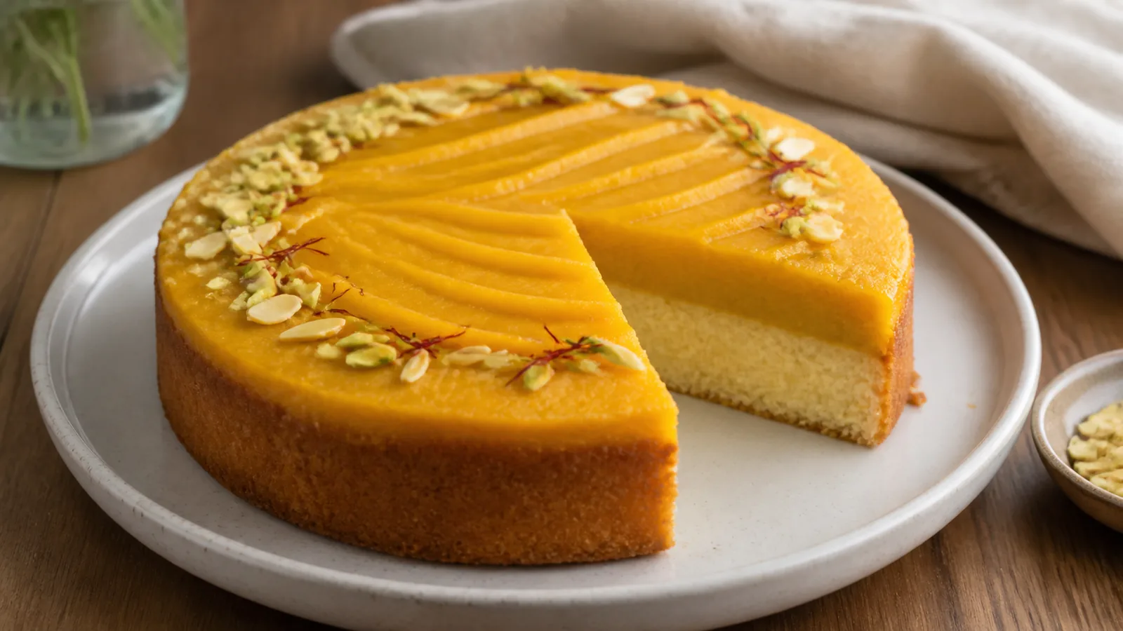 Saffron halva cake with pistachio decoration on a serving plate