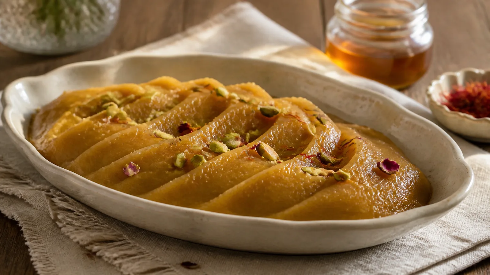 Honey halva with saffron pistachios rose petals and cardamom