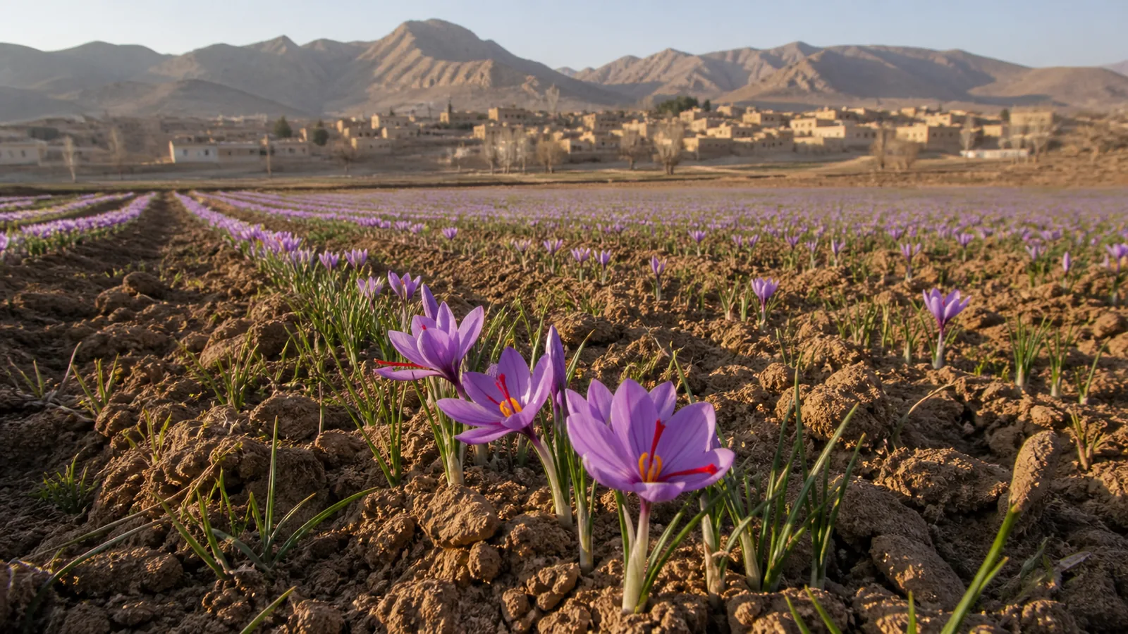 Saffron flowers in farmland near the historic TorqRud area of Natanz