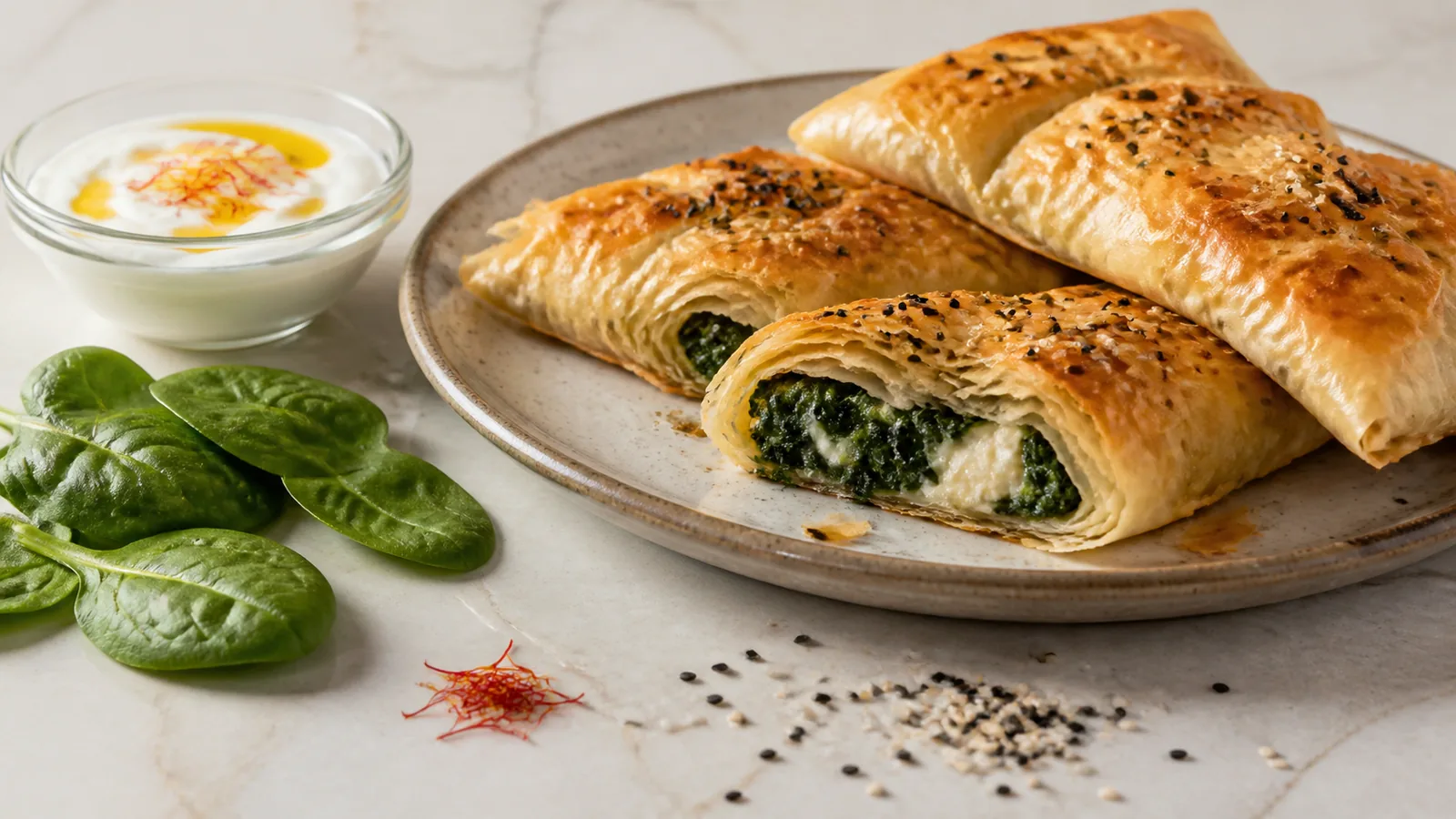 Golden spinach borek rolls with saffron beside fresh spinach and nigella seeds
