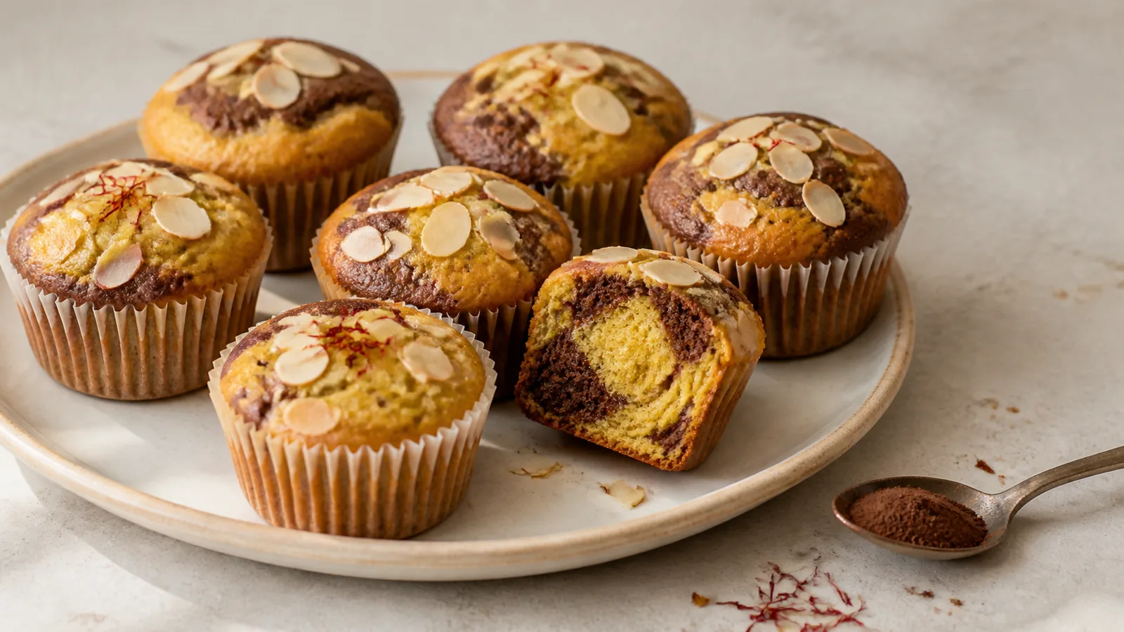 Saffron cocoa and vanilla cupcakes with visible golden and chocolate swirls
