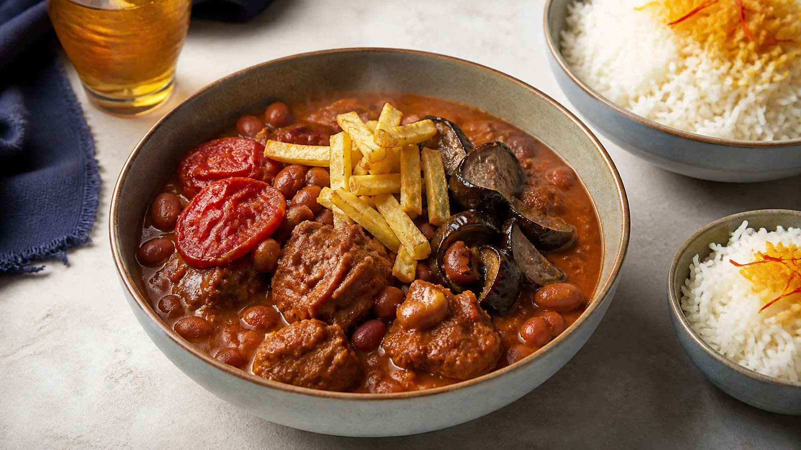 Urmia stew with pinto beans meat eggplant potatoes tomatoes and saffron rice