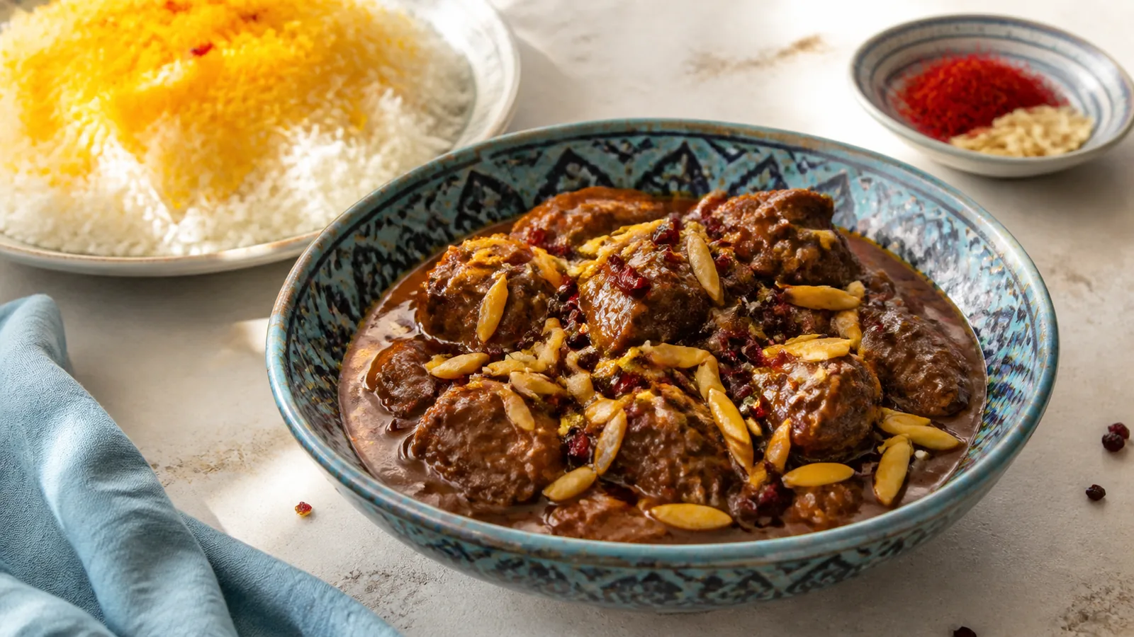 Khalal Kermanshahi stew with lamb almond slivers barberries and saffron rice