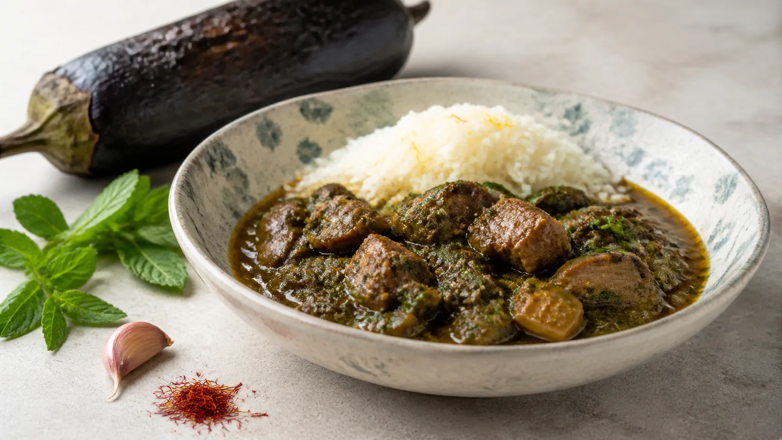 Gilani Nazkhatun stew with meat grilled eggplant herbs and saffron rice