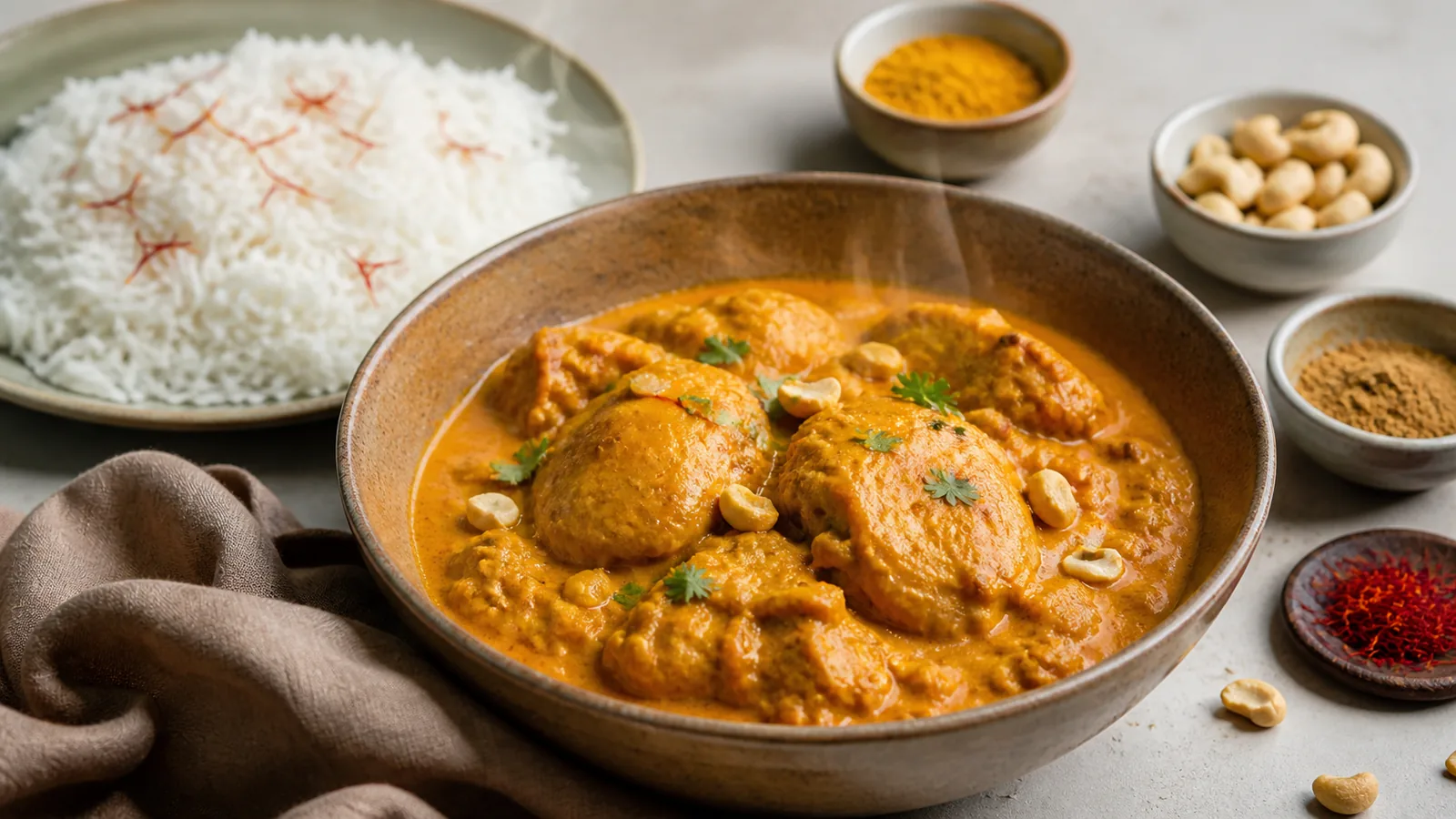 Saffron chicken curry with cashews spices and basmati rice