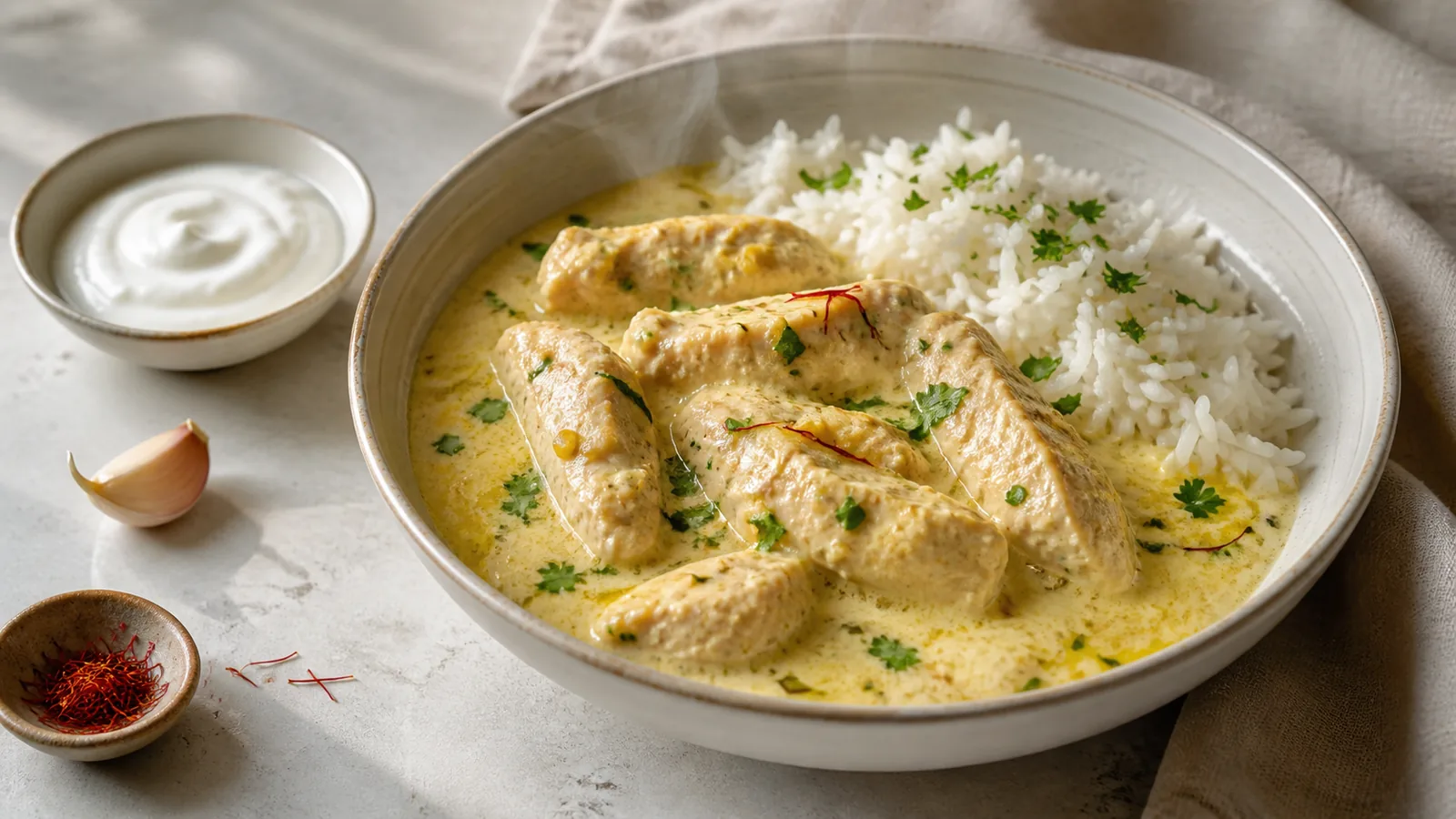 Chicken and yogurt stew with saffron garlic herbs and rice