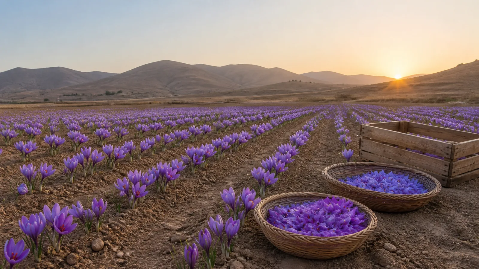 Purple saffron field with harvest baskets in Kermanshah Province
