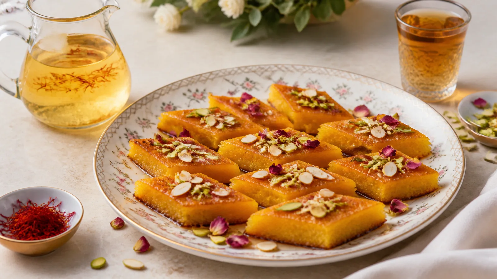 Isfahani kuku sugar pieces with saffron rosewater syrup pistachios and almonds
