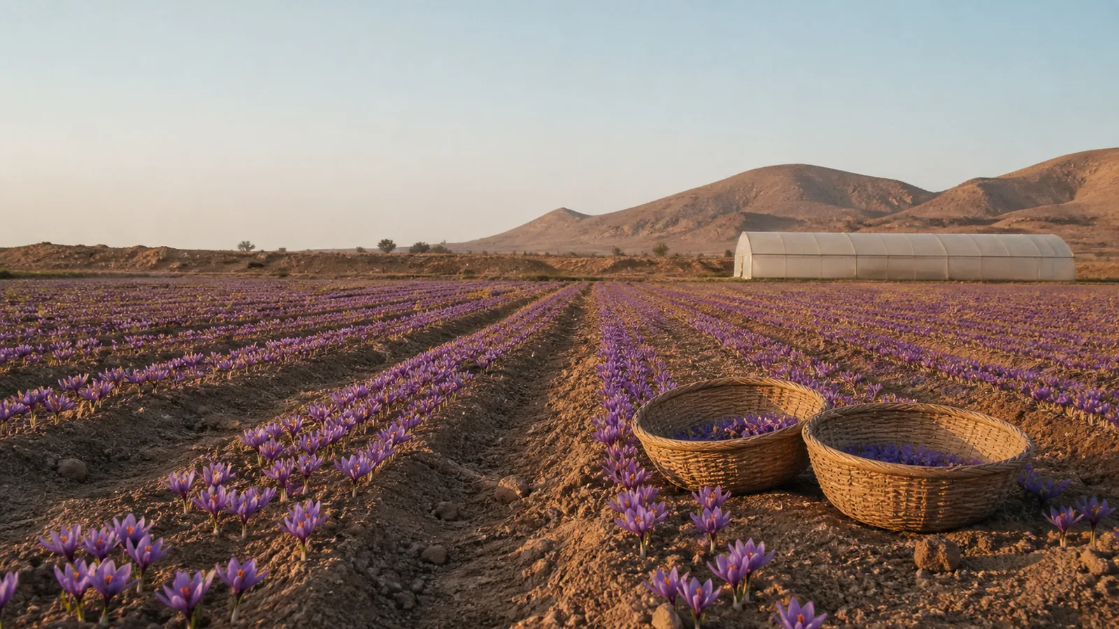 Saffron field near South Khorasan border farmland with harvest baskets