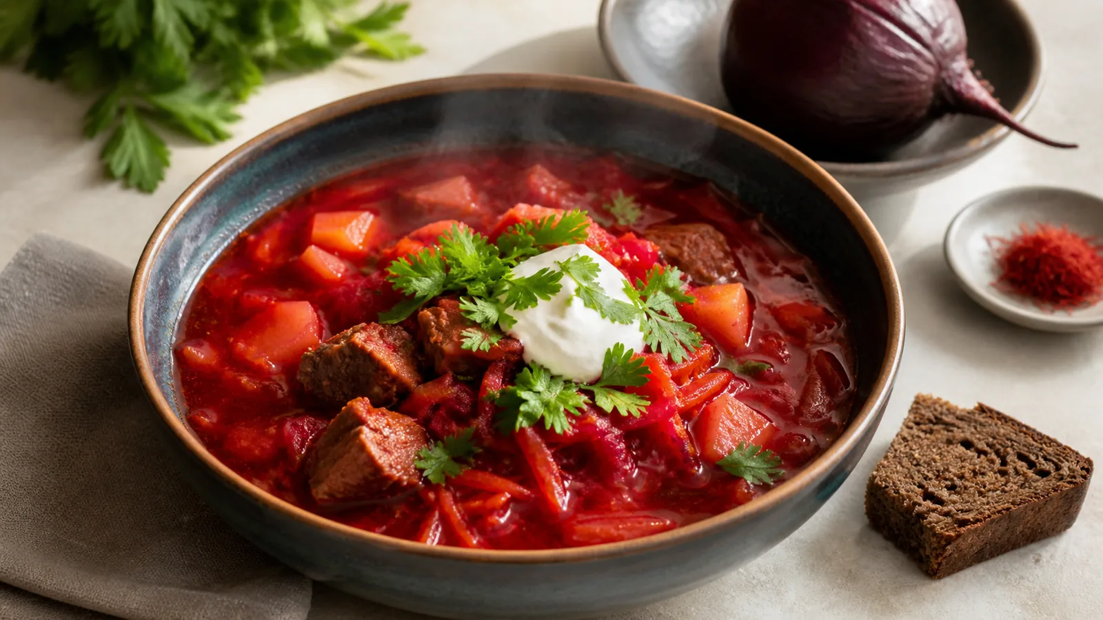 Russian-style boiled beet stew with meat vegetables saffron and sour cream