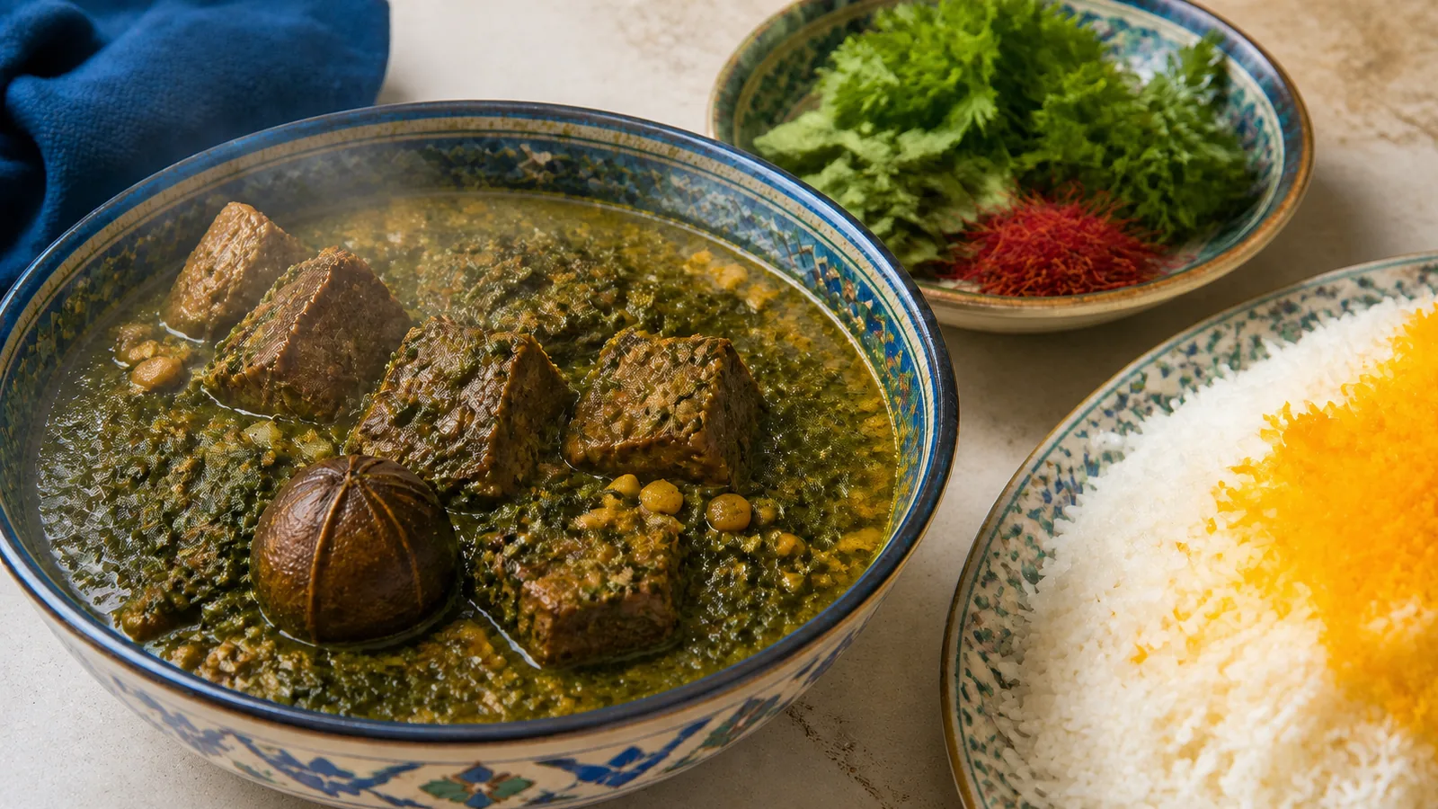 Qormeh sabzi Damghani stew with lamb herbs split peas dried lime and saffron rice