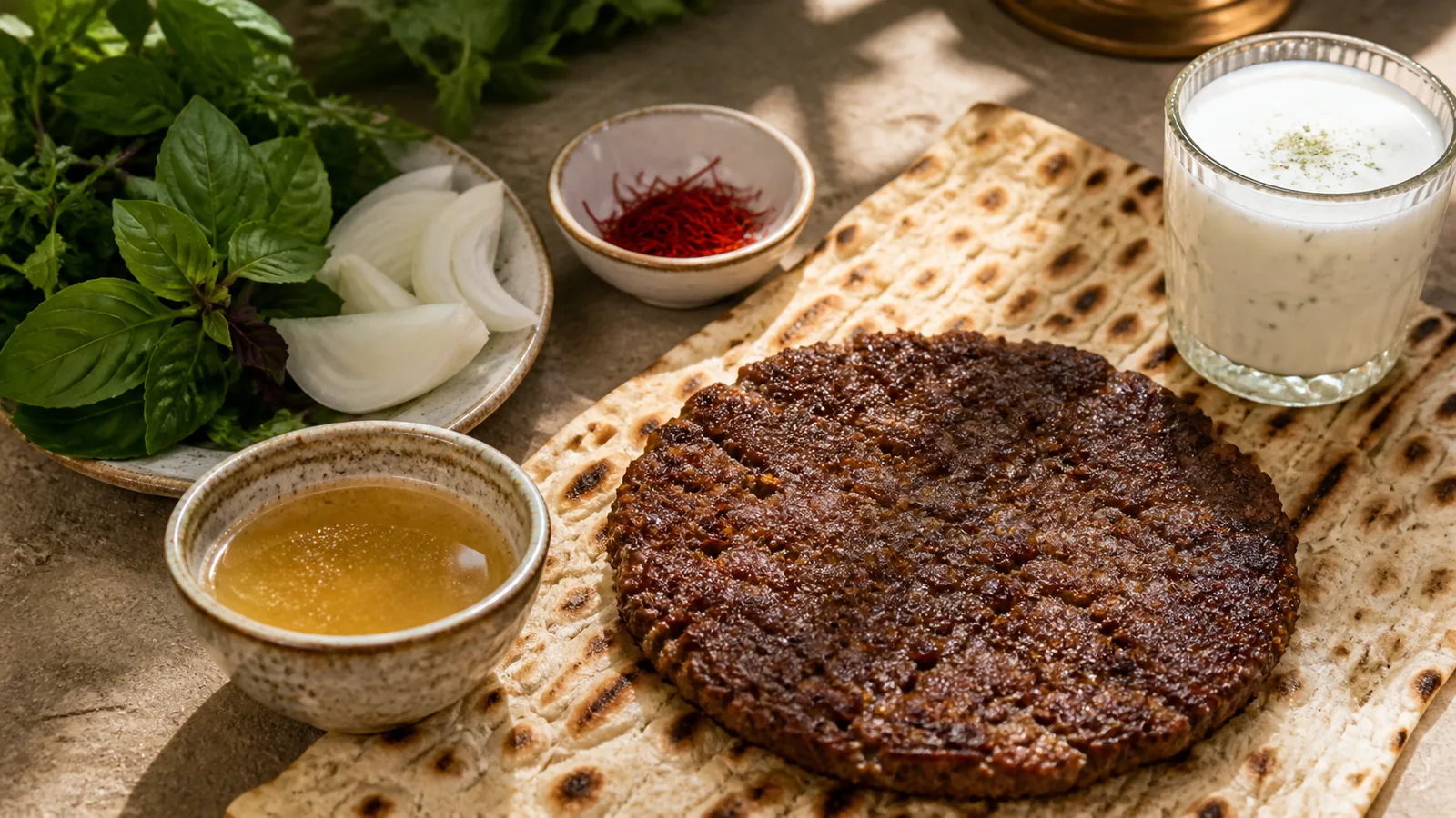 Isfahan Briyani lamb patty with saffron cinnamon Sangak bread herbs and onion