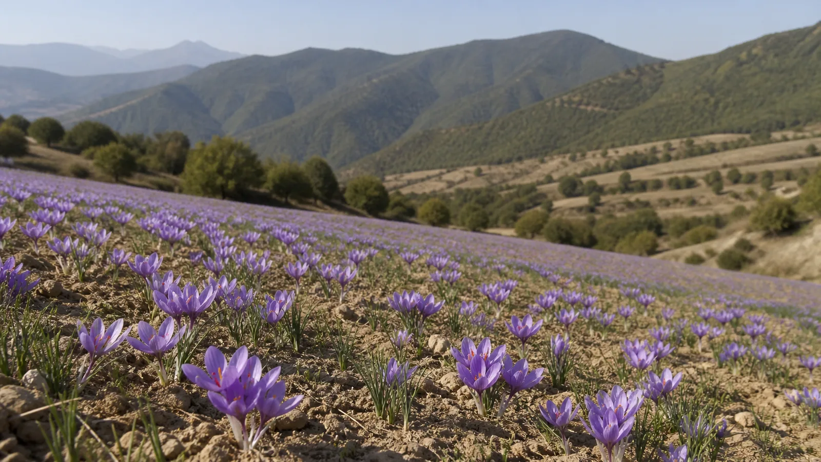 Saffron flowers growing in a dry upland field in Mazandaran province
