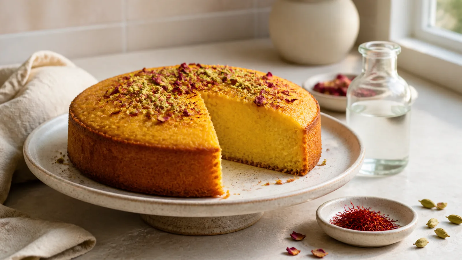 Cardamom rosewater saffron cake with pistachios and saffron threads