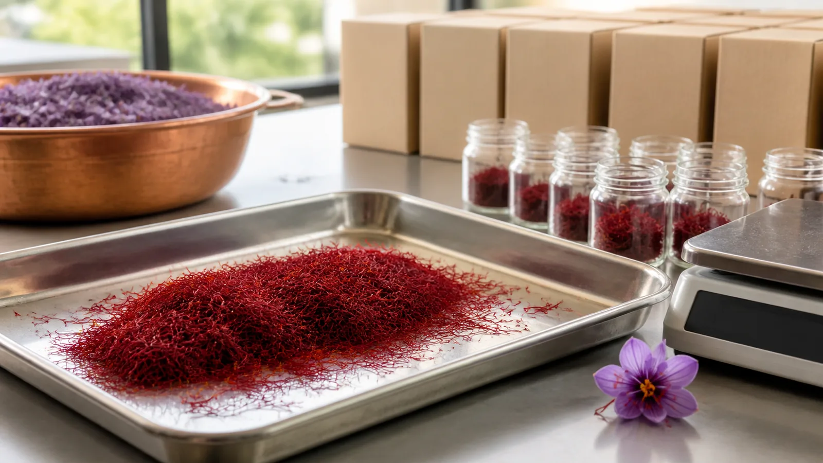 Iranian saffron threads prepared for quality inspection and export packaging