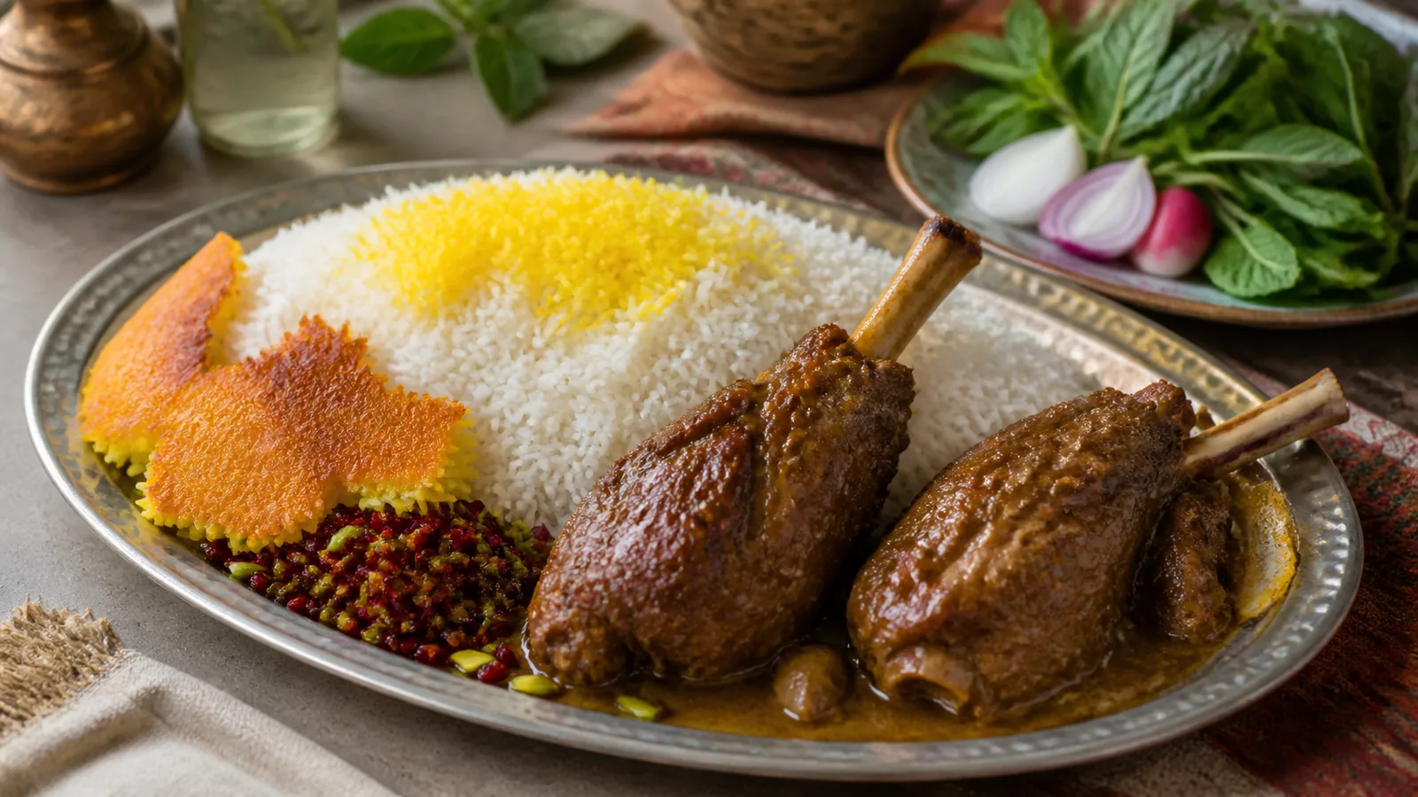 Chelo Majlisi with saffron lamb Persian rice tahdig barberries and herbs