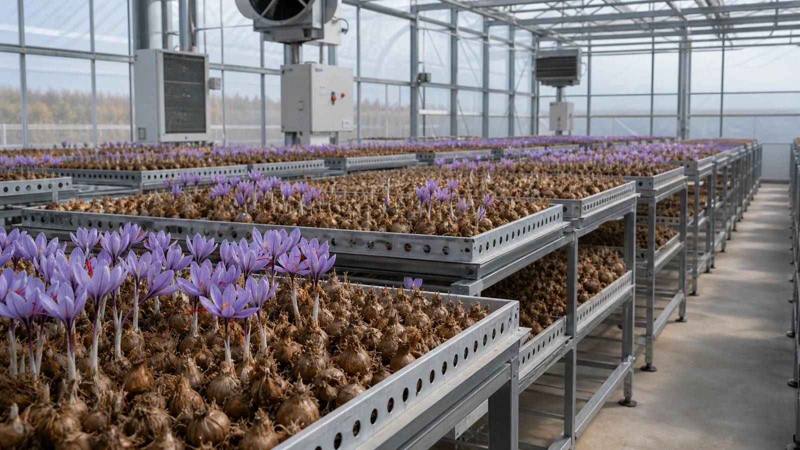 Saffron corms flowering on trays in a controlled aeroponic greenhouse