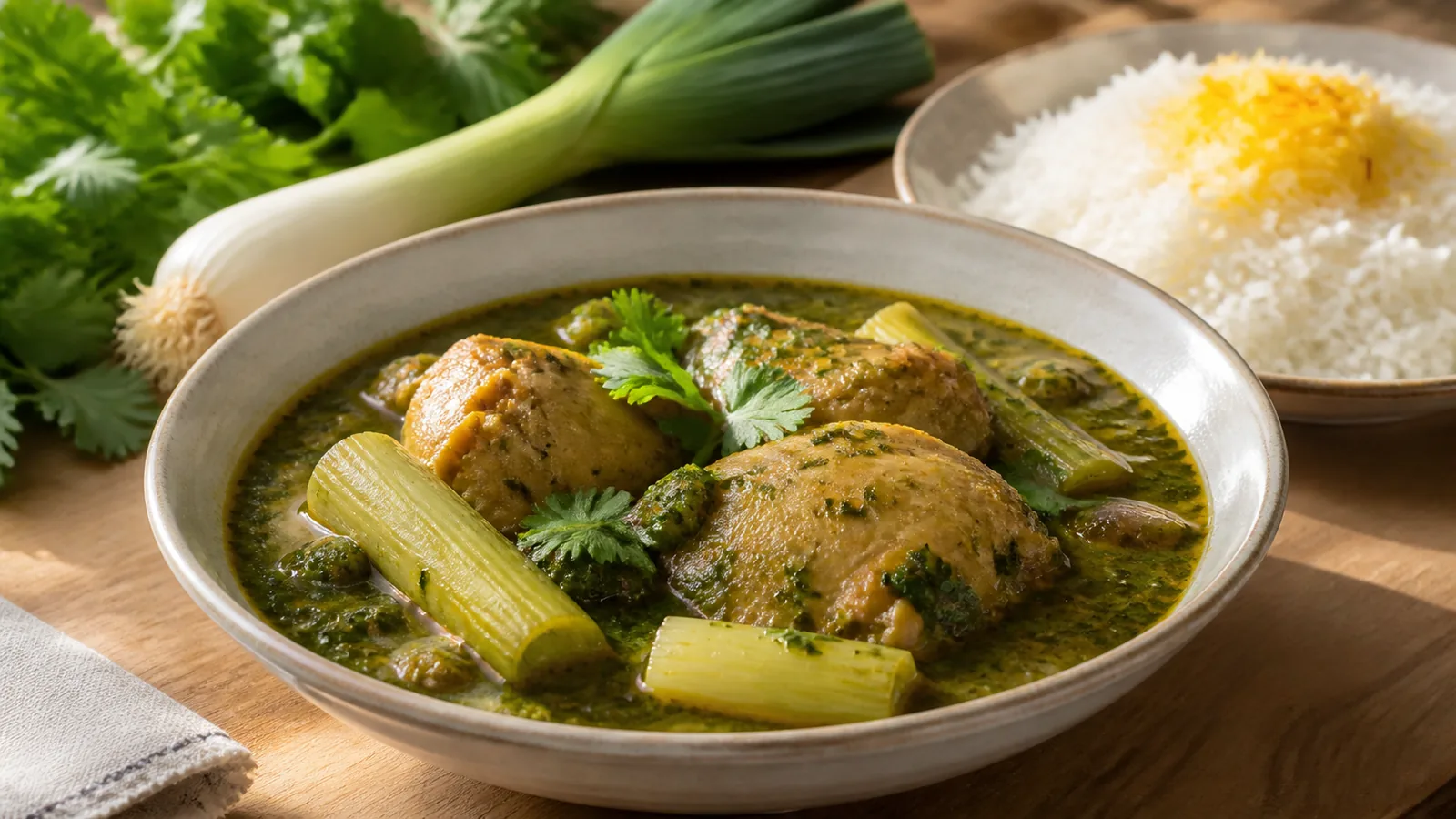 Persian leek stew with chicken herbs verjuice saffron and basmati rice