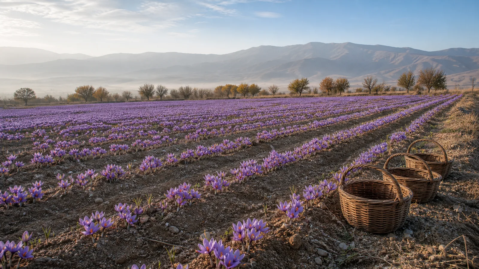 Saffron harvest in a Hamedan province field with purple crocus flowers