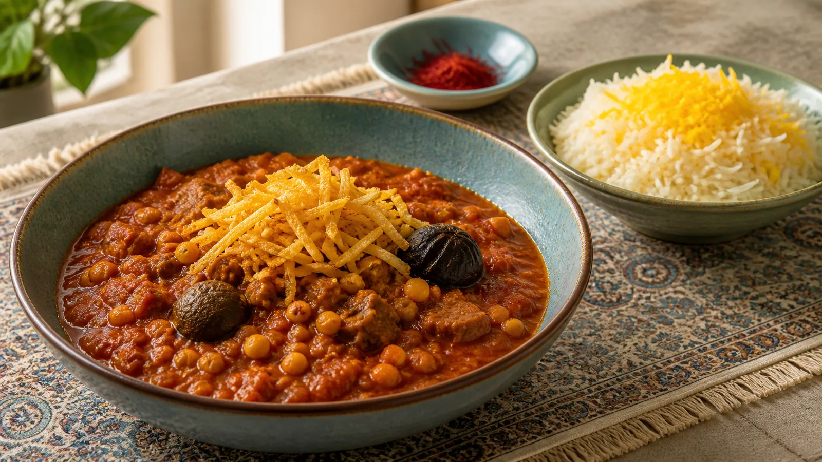 Yazd chickpea Ghimeh stew with lamb dried lime saffron rice and crisp potatoes
