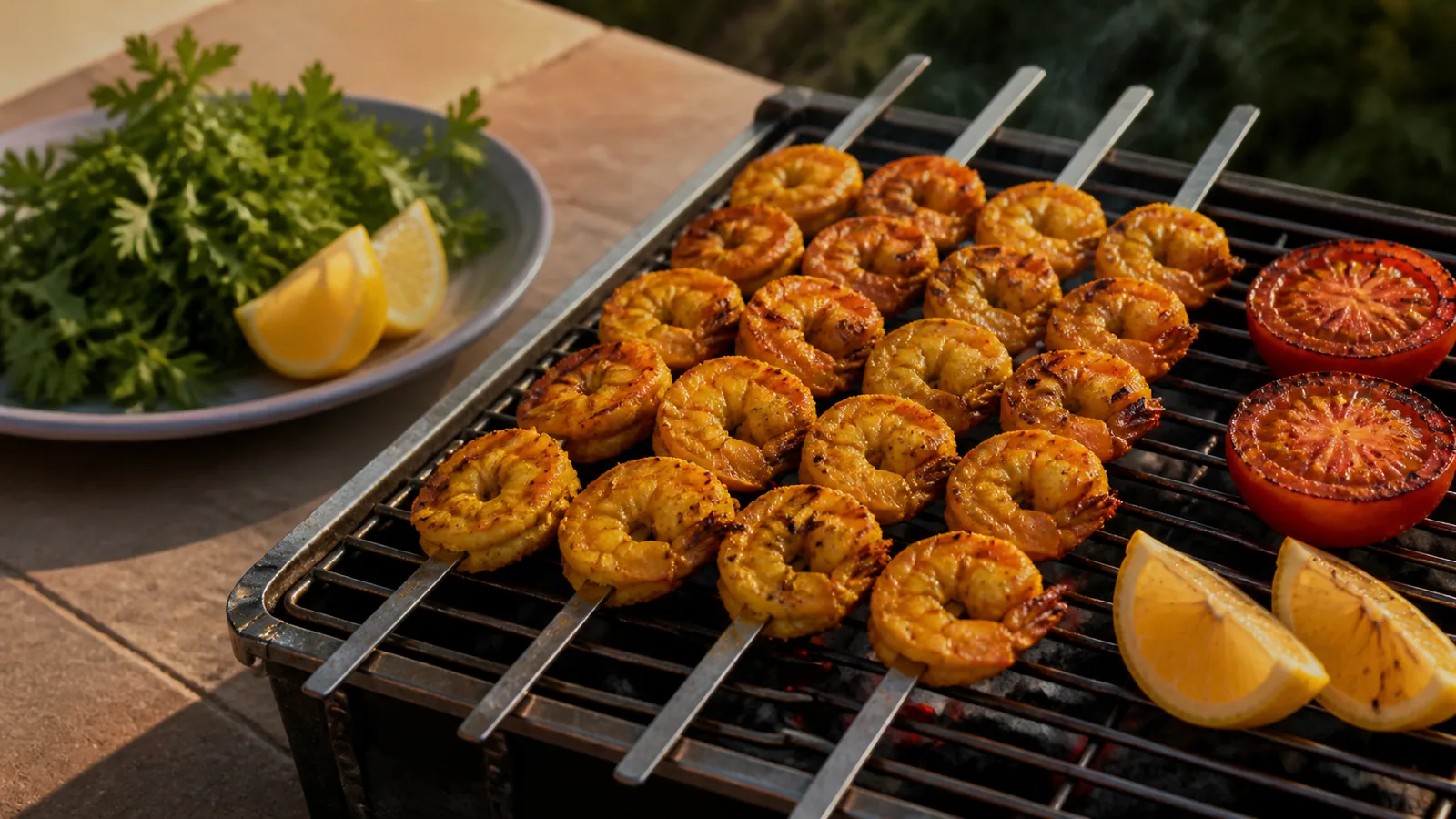 Southern saffron shrimp kebab skewers with lemon parsley and grilled tomatoes