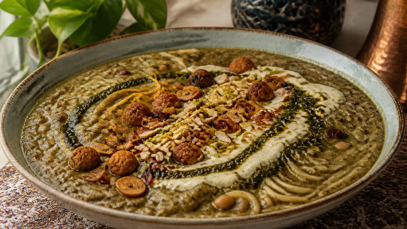 Kerman Ash Reshteh with saffron meatballs kashk orange peel mint and nuts