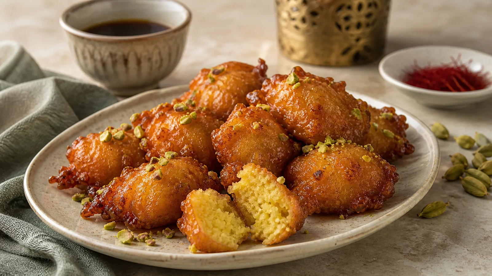 Kuwaiti Sabb al-Qafsheh Arabic saffron sweets with pistachios and cardamom