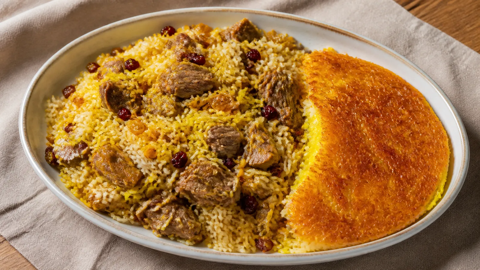 Damghan Mani rice with saffron meat split peas noodles barberries raisins and tahdig