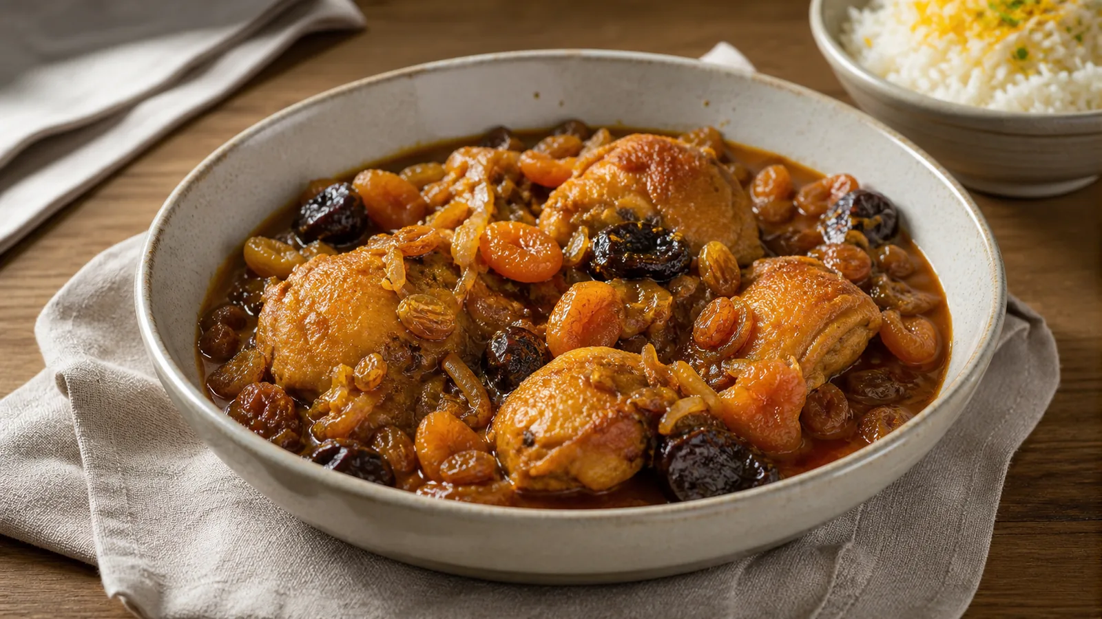Gilani Shirin Qatogh chicken stew with saffron apricots plums raisins and rice
